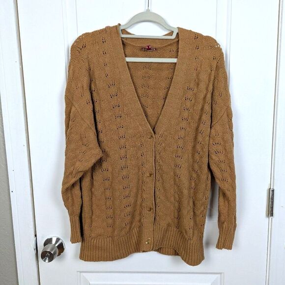 STAUD | Tan Eyelet Knit Button Front Cardigan Sweater Size Medium - Picture 2 of 10